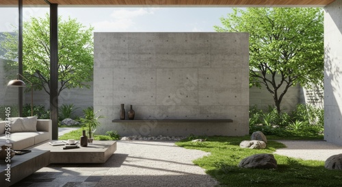 Obraz na płótnie Modern minimalist outdoor patio with concrete wall and lush greenery for relaxation space w salonie
