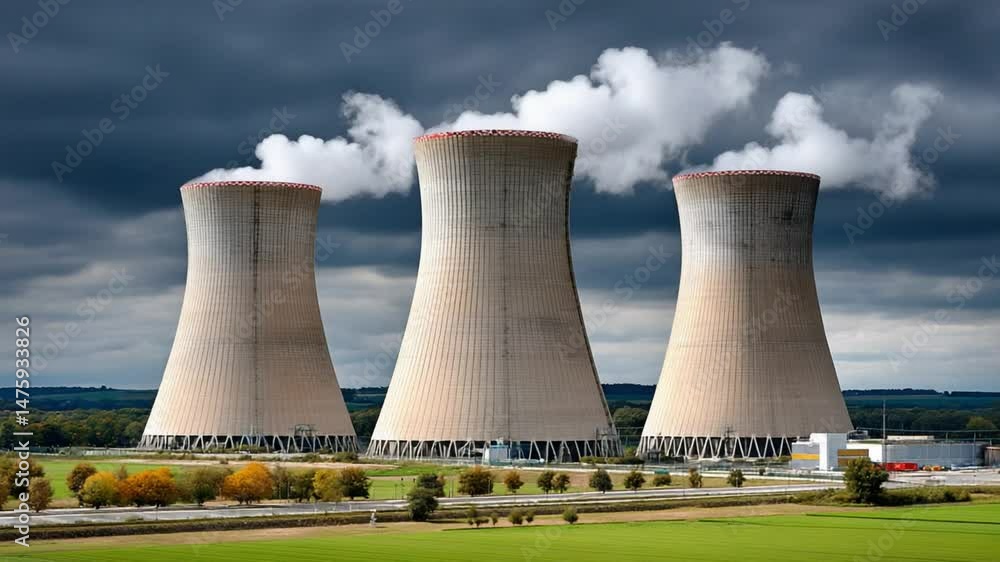 Industrial Giants Against the Sky: A dramatic landscape featuring three colossal cooling towers, silently exhaling plumes of vapor against a backdrop of turbulent skies. Industrial Giants Against the Sky: A dramatic landscape featuring three colossal cooling towers, silently exhaling plumes of vapor against a backdrop of turbulent skies.