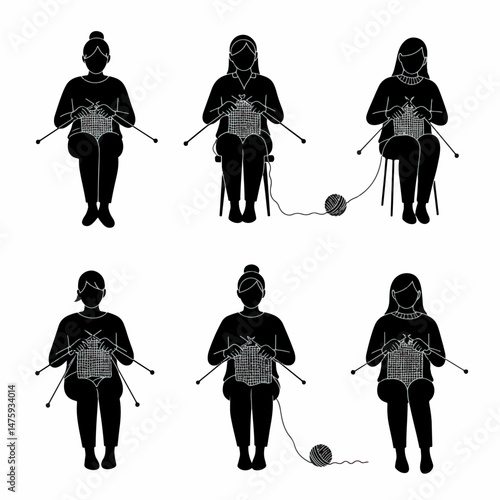 Knitting Silhouettes: A collection of silhouette-style illustrations captures individuals engaged in the tranquil craft of knitting, embodying the art of creating handcrafted textiles.