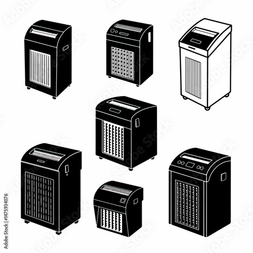 Paper Shredder Illustration Set: A diverse set of six paper shredder illustrations in black and white, depicting different sizes and styles of shredders, showcasing their versatility for office, home.