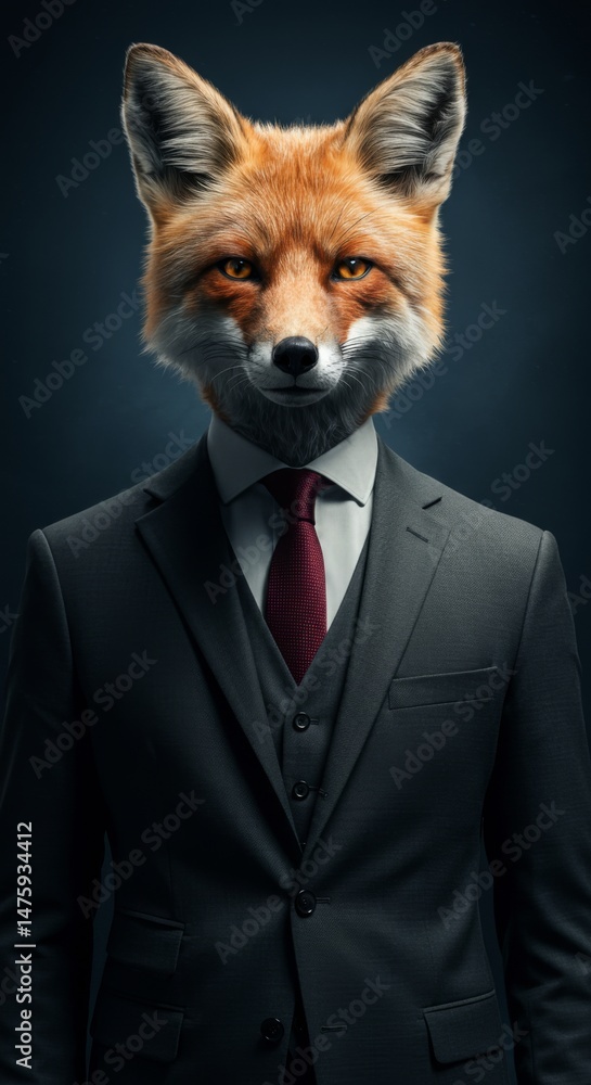 Fox in suit - surreal portrait combining animal and human characteristics for creative design
