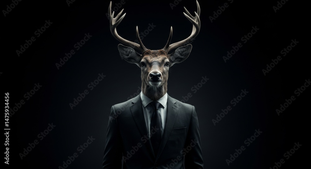 Surreal deer human hybrid in formal suit on dark background for conceptual creativity