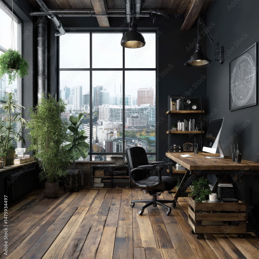 Fototapeta premium Loft office interior design showcasing rustic desk, black walls, city view, natural light, plants, and hardwood floor