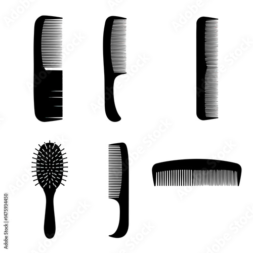 Hair Tools Array: A compilation of various black hair tools, from classic combs to a styling brush, presented in a clean and minimalist design. This set underscores grooming