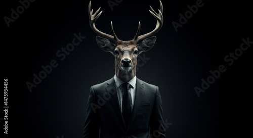 Obraz na płótnie Surreal deer human hybrid in formal suit on dark background for conceptual creativity w salonie