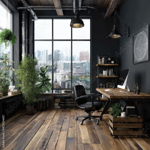 Wallpaper Mural Loft office interior design showcasing rustic desk, black walls, city view, natural light, plants, and hardwood floor Torontodigital.ca