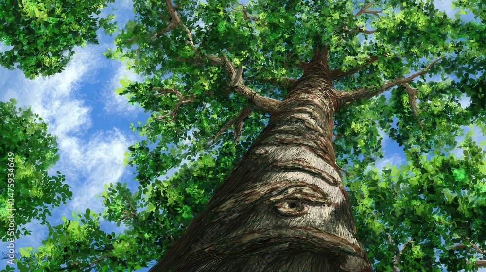 Fototapeta premium Large tree viewed from below, lush foliage, bright sky.