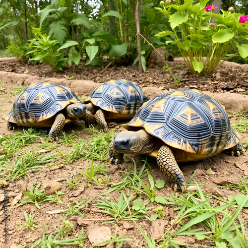 Indian star tortoises in a garden.