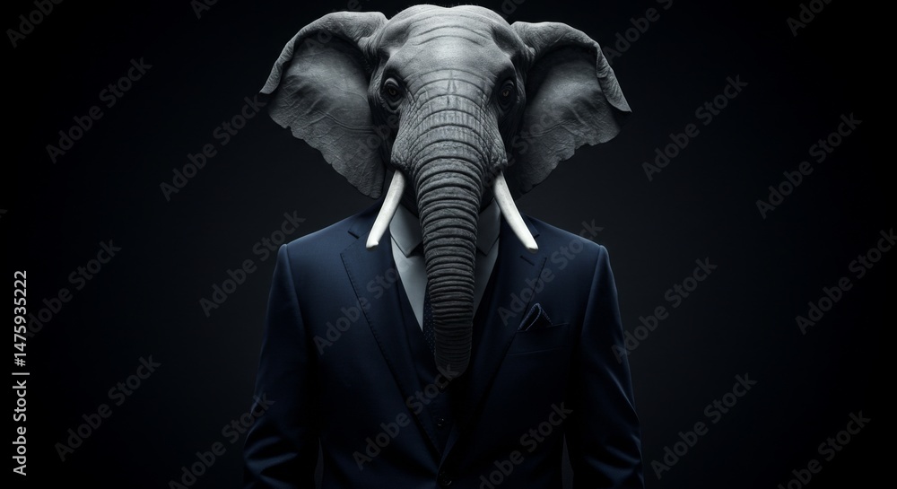 Surreal elephant-headed human in suit on black background for creative design projects