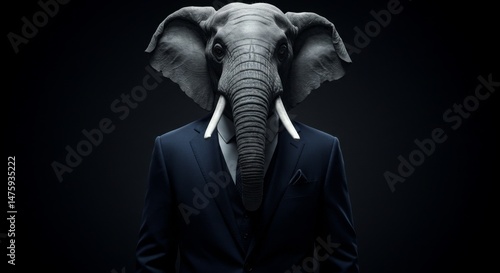 Obraz na płótnie Surreal elephant-headed human in suit on black background for creative design projects w salonie