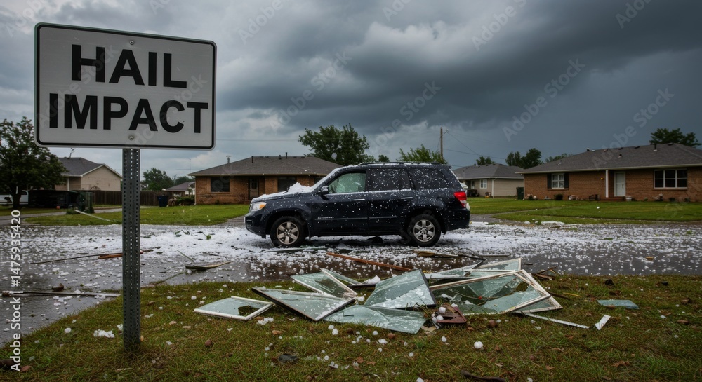 Severe weather aftermath with hail damaged car and broken windows in residential area