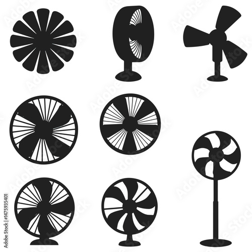 Cooling Designs: A graphic assembly of different fan types, in silhouette form. These elegant designs reflect essential cooling devices with remarkable detail.