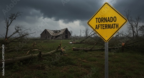 Tornado aftermath scene with damaged house and stormy sky for disaster concept design