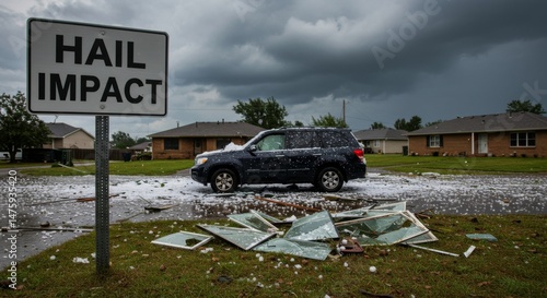 Obraz na płótnie Severe weather aftermath with hail damaged car and broken windows in residential area w salonie