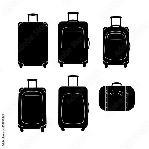 Travel Essentials: A collection of black suitcases in various sizes and styles, ready for adventure and journey, Travel luggage silhouettes perfect for representing trip