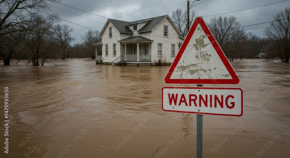 Warning sign and flooded house scene amidst rising waters in stormy weather