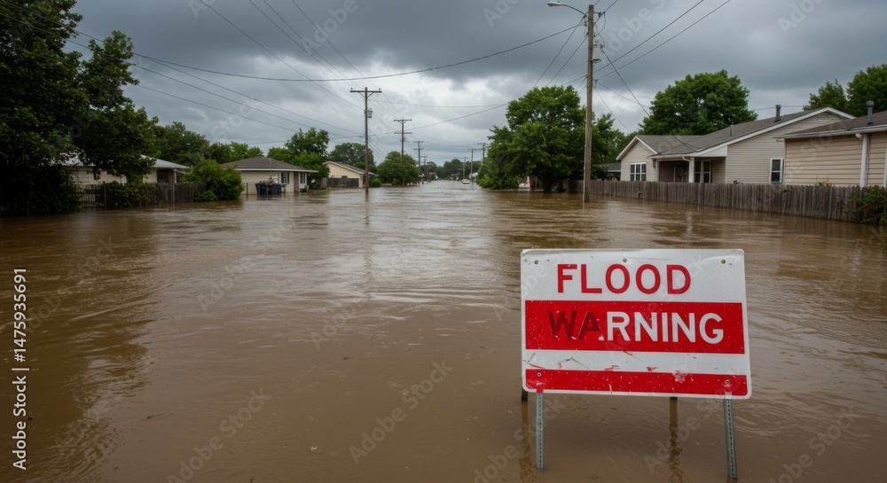 Severe flood warning in residential neighborhood amidst heavy rain and overcast skies