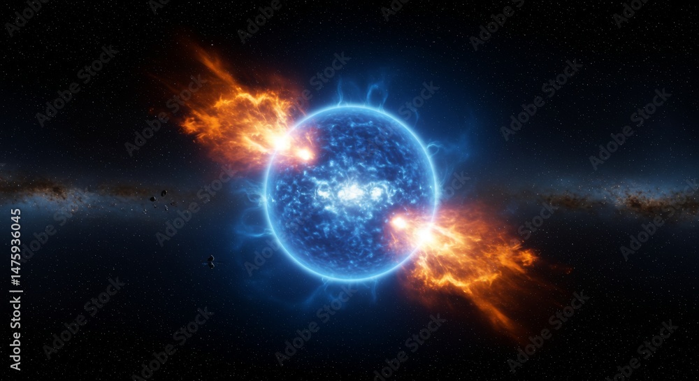 Obraz premium Cosmic phenomenon: fiery energy eruptions from a blue star in deep space