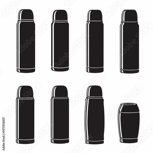 Thermos Collection in Shadow: An array of sleek, black thermos containers, showcasing their varying shapes and sizes in minimalist, graphic detail.