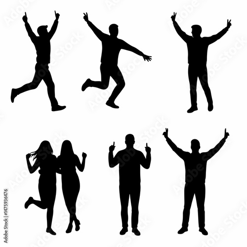 Silhouette Celebration: Diverse silhouettes depict moments of triumph, joy, and unrestrained exuberance. Embodying human emotion.