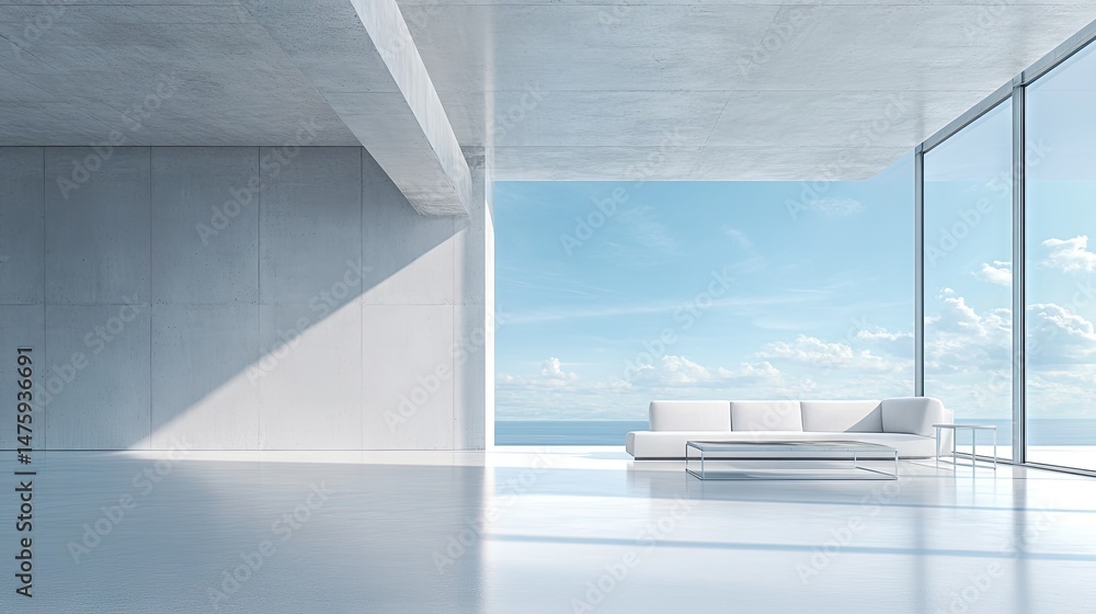 Fototapeta premium Empty modern concrete interior with ocean view.