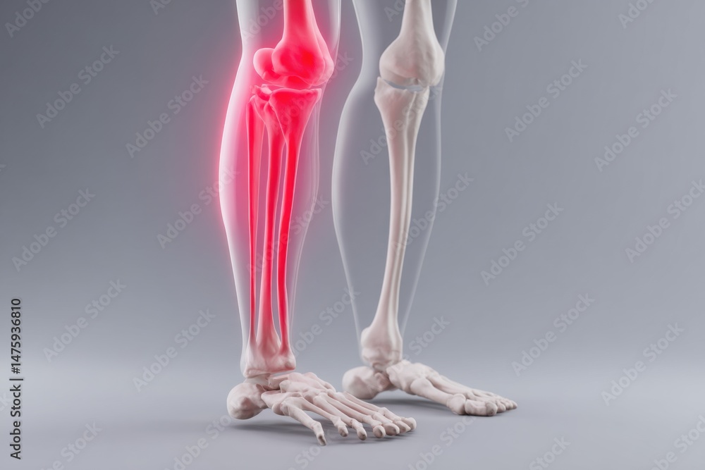 Human Leg Bones Anatomy with Red Highlighted Pain Area Medical Illustration on Gray Background Human Leg Bones Anatomy with Red Highlighted Pain Area Medical Illustration on Gray Background