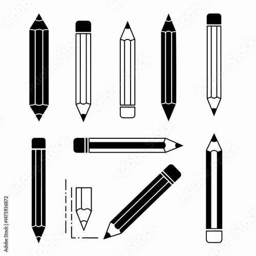 Pencil Collection Silhouette: A collection of pencils, each meticulously crafted with graphite tips and erasers, displayed against a backdrop of clean minimalism.