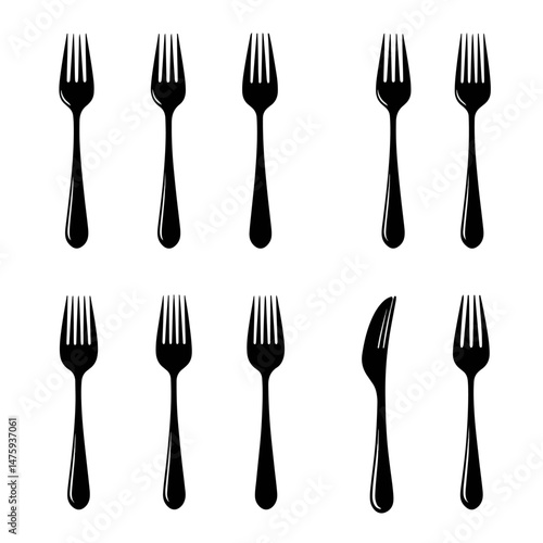 Array of Forks and Knife: An illustrative image showing eleven forks and one knife, artfully arranged. Focus on the elegance of flatware in this dining arrangement.