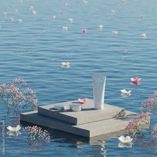 Obraz na płótnie Luxurious skincare products displayed on water with pink and white flowers for tranquil spa and beauty concept w salonie