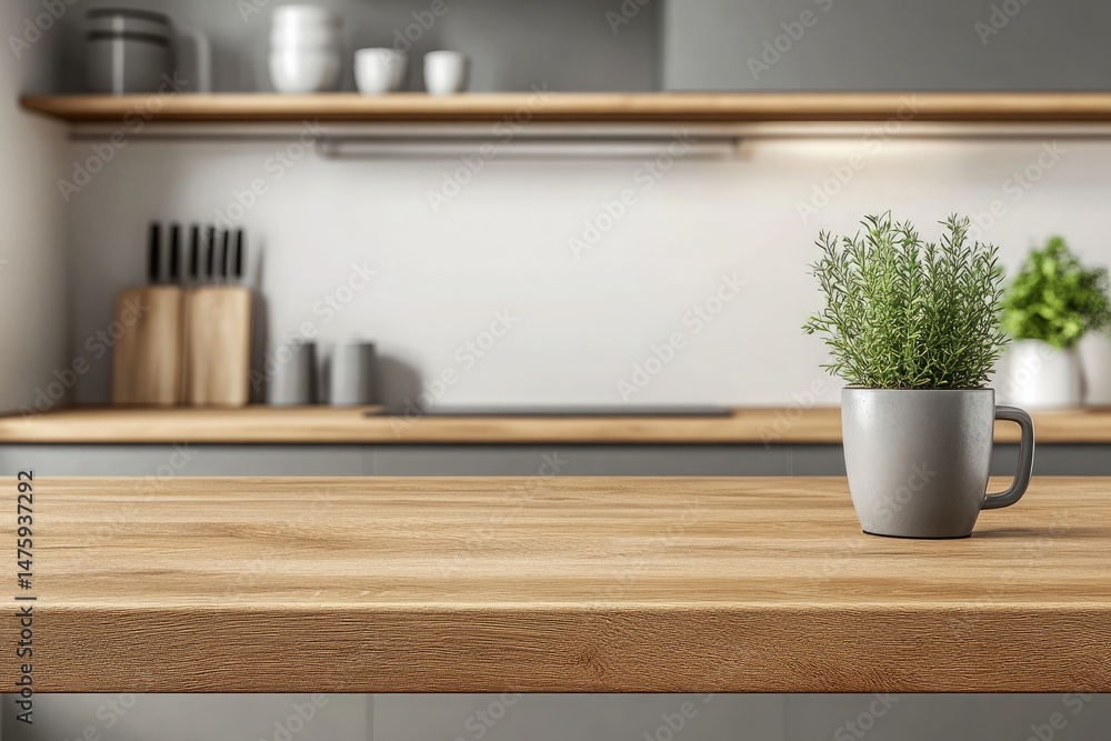 Fototapeta premium Wood Countertop With Potted Herbs in Mug, Kitchen, Interior Design, Home Decor, Light