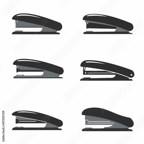Stapler Collection: A set of six modern stapler illustrations, in varying perspectives, showcasing a minimalist design with black and grey colors.