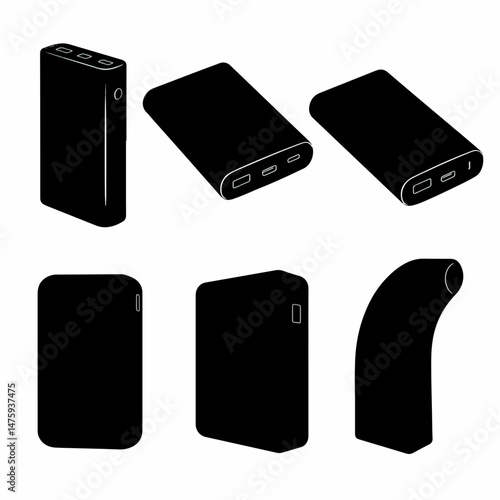 Power Bank Silhouette: A minimalist silhouette of a sleek power bank, offering a modern and clean aesthetic, showcasing the essence of mobile charging technology.