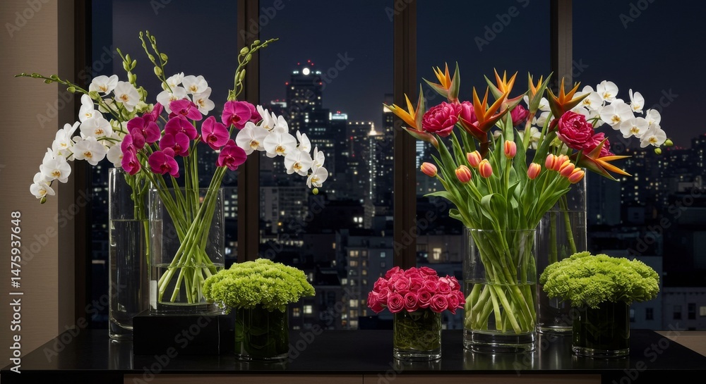 Elegant cityscape nighttime floral arrangement with orchids and tropical blooms for interior decoration