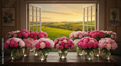 Obraz na płótnie Charming floral display with peonies in vases by open window overlooking scenic countryside landscape w salonie