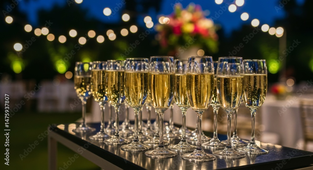 Elegant outdoor evening celebration with champagne glasses under string lights