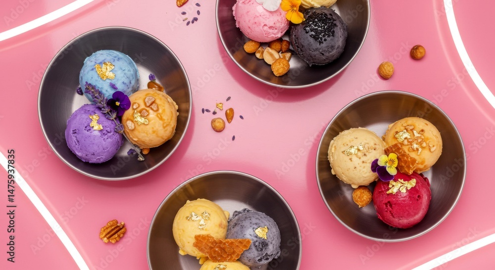 Gourmet ice cream scoops with edible gold and nuts on vibrant pink background