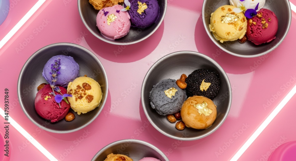 Gourmet ice cream selection with edible gold and nuts on pink background