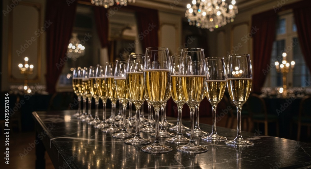 Elegant celebration with rows of champagne glasses in grand ballroom setting