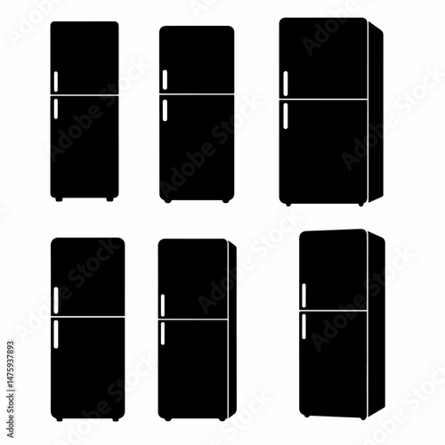 Refrigerators Silhouette Set: A minimalist composition of diverse refrigerator designs and styles, a perfect embodiment of modern and elegant domestic appliance illustrations.