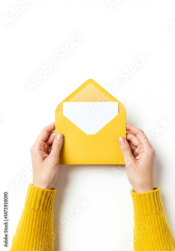 Obraz na płótnie Bright yellow envelope with blank card for personal invitation or announcement design w salonie
