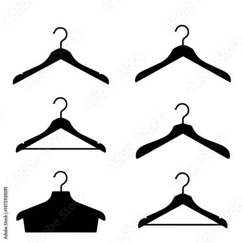 Hangers Silhouette Collection: A minimalistic composition of six different hangers in sleek black silhouette, perfectly arranged for fashion, wardrobe, and clothing-related concepts.