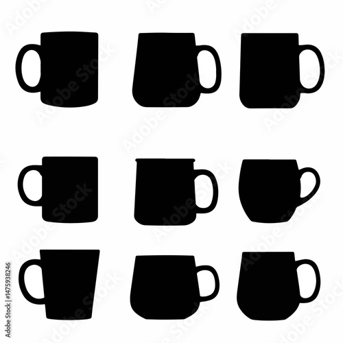 Mug Silhouettes Collection: A set of nine stylized mug silhouettes in a variety of shapes and sizes. Ideal for web and print design projects, presentations, and branding.  