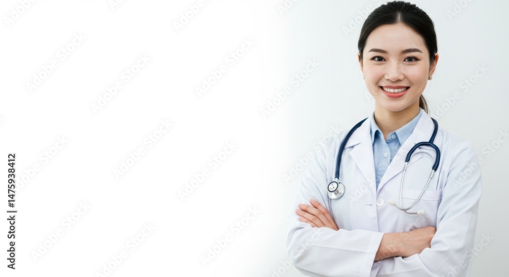 Confident medical professional smiling with arms crossed against white background