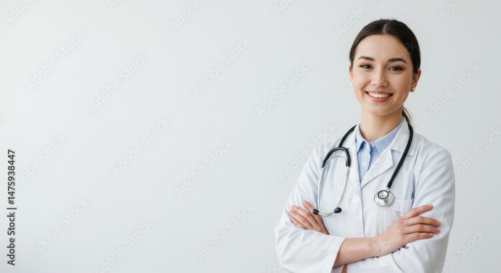 Confident female doctor smiling in white coat with stethoscope in medical office setting