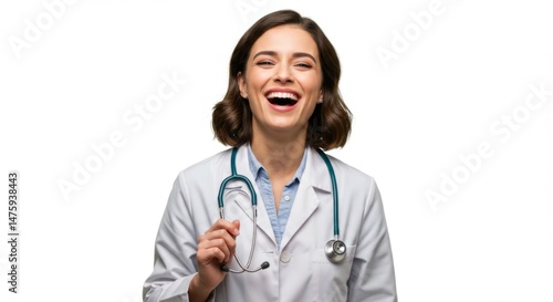 Smiling female doctor holding stethoscope on white background for medical professional and healthcare themes
