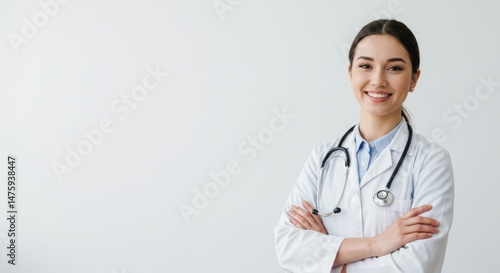 Obraz na płótnie Confident female doctor smiling in white coat with stethoscope in medical office setting w salonie
