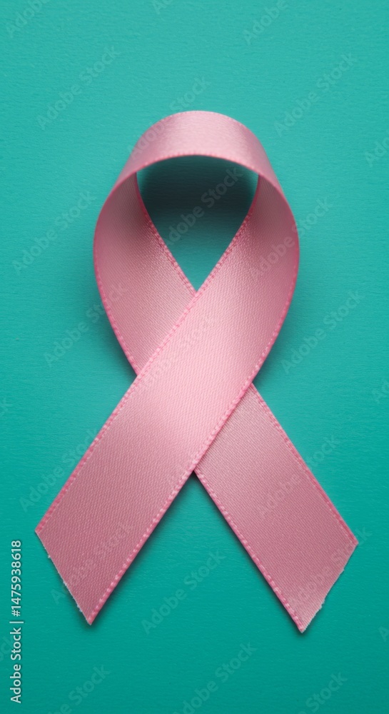 Pink awareness ribbon on aqua background for health campaigns and events