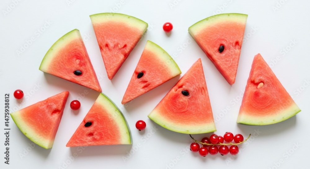 Fresh summer fruit arrangement with watermelon slices and red currants on white background