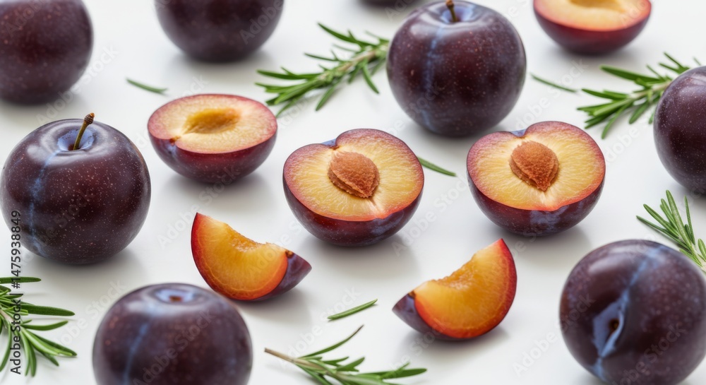 Fresh plums and rosemary arrangement on white background for culinary inspiration and natural decor