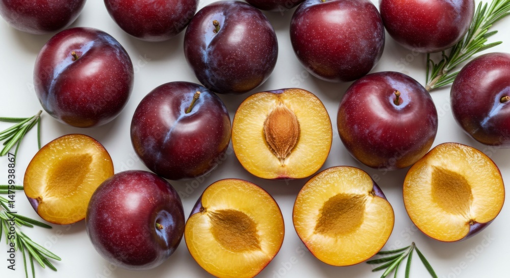 Fresh plums and rosemary arrangement for culinary design and kitchen inspiration
